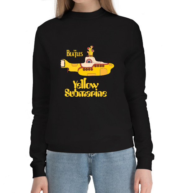 Женский хлопковый свитшот с изображением On a Yellow Submarine цвета Черный