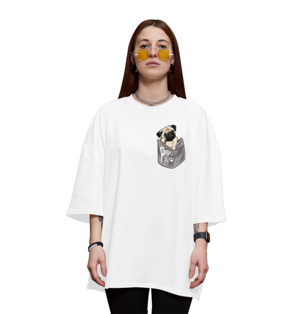 Женская футболка оверсайз с изображением Мопс в кармане цвета Белый