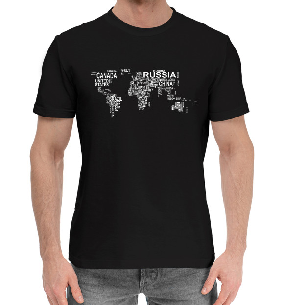 Мужская хлопковая футболка с изображением Страны мира карта цвета Черный