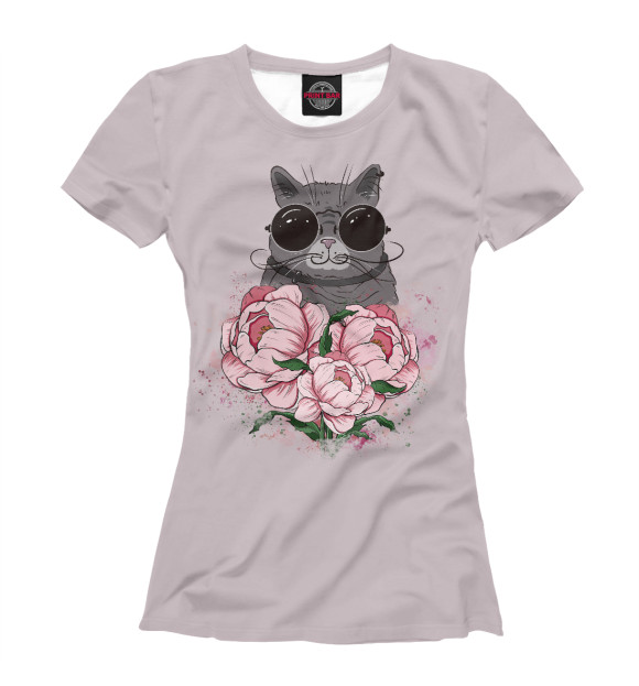 Женская футболка с изображением Кота очках с пионами цвета Белый