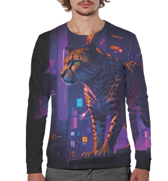 Мужской свитшот с изображением Гепард на фоне города цвета Белый