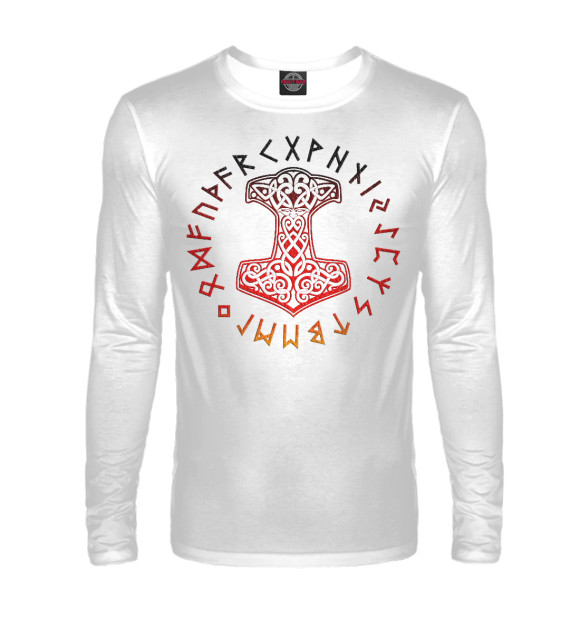 Мужской лонгслив с изображением Молот Тора Мьёльнир и руны цвета Белый