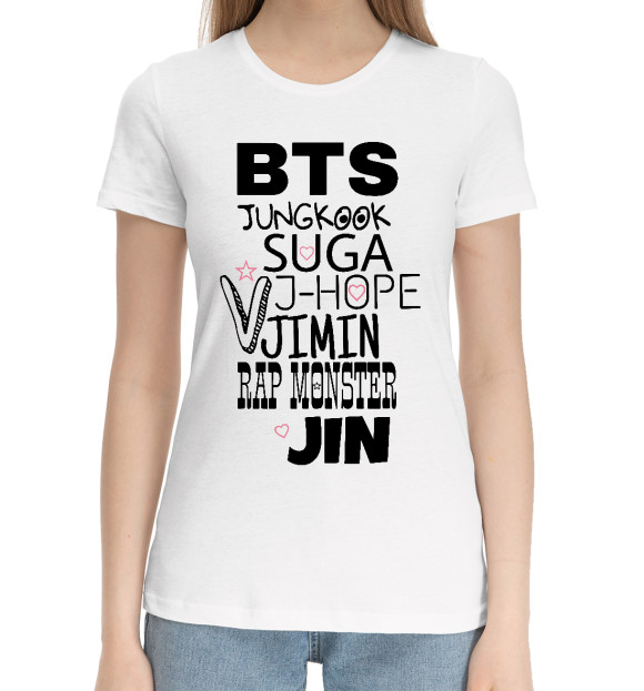 Женская хлопковая футболка с изображением BTS цвета Белый
