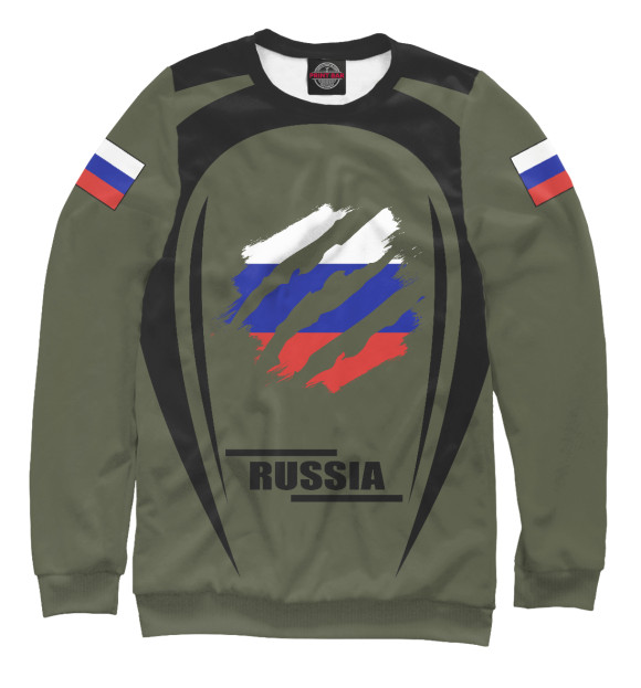 Мужской свитшот с изображением RUSSIA на зелёном фоне цвета Белый