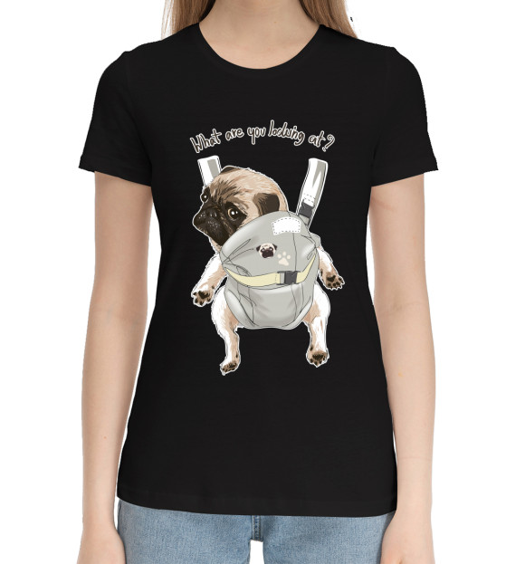 Женская хлопковая футболка с изображением Мопс в рюкзаке цвета Черный