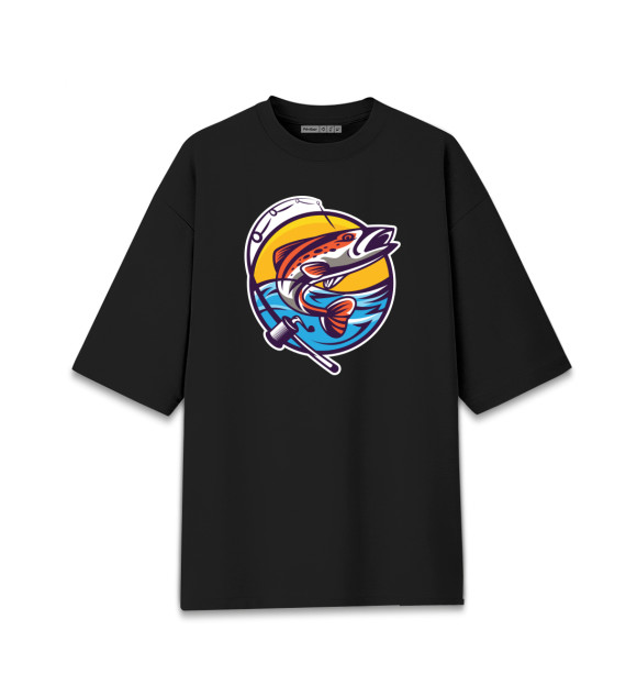 Мужская футболка оверсайз с притом Лосось пойманный спиннингом цвета Черный Мужская футболка оверсайз с изображением Лосось пойманный спиннингом цвета Черный