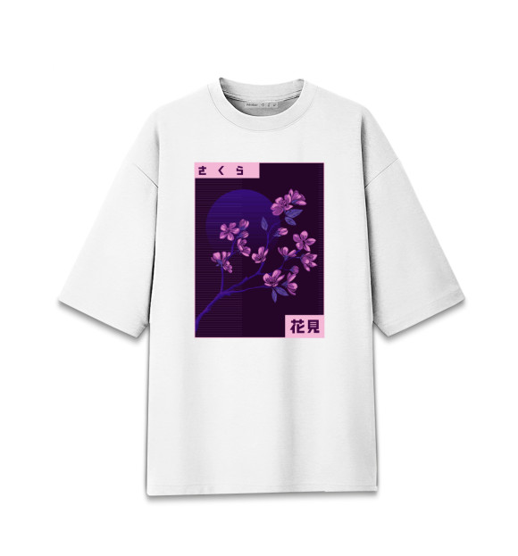 Женская футболка оверсайз с притом Сакура Glitch цвета Белый Женская футболка оверсайз с изображением Сакура Glitch цвета Белый