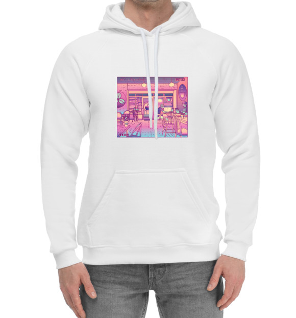 Мужской хлопковый худи с изображением Vaporwave Coffeeshop цвета Белый