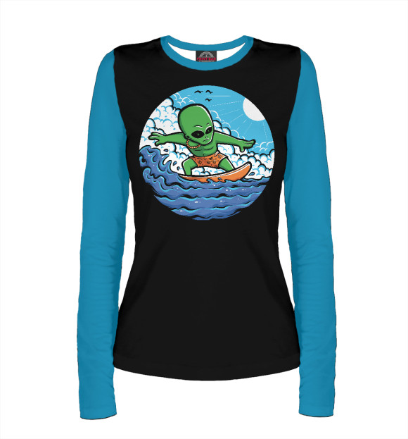 Женский лонгслив с притом Зеленый серфер цвета Белый Женский лонгслив с изображением Зеленый серфер цвета Белый