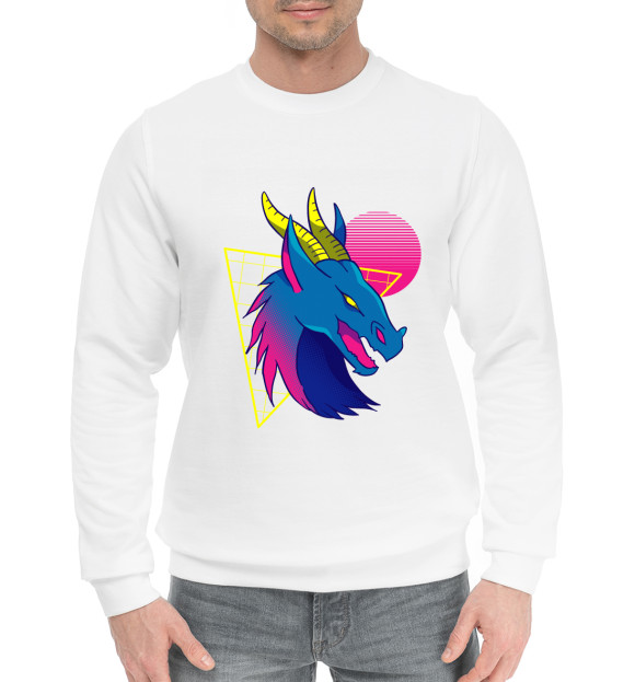 Мужской хлопковый свитшот с изображением Retrowave Dragon цвета Белый