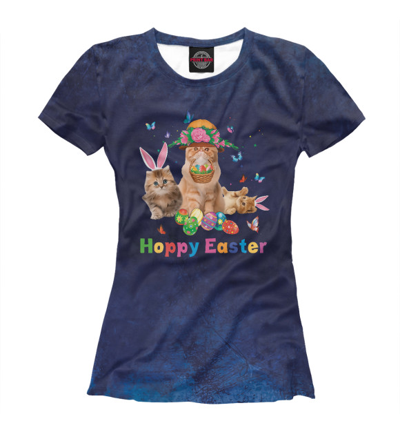 Женская футболка с изображением Cute Cat Easter Day Bunny цвета Белый