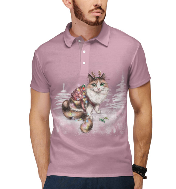 Мужское поло с изображением Новогодняя кошечка цвета Белый