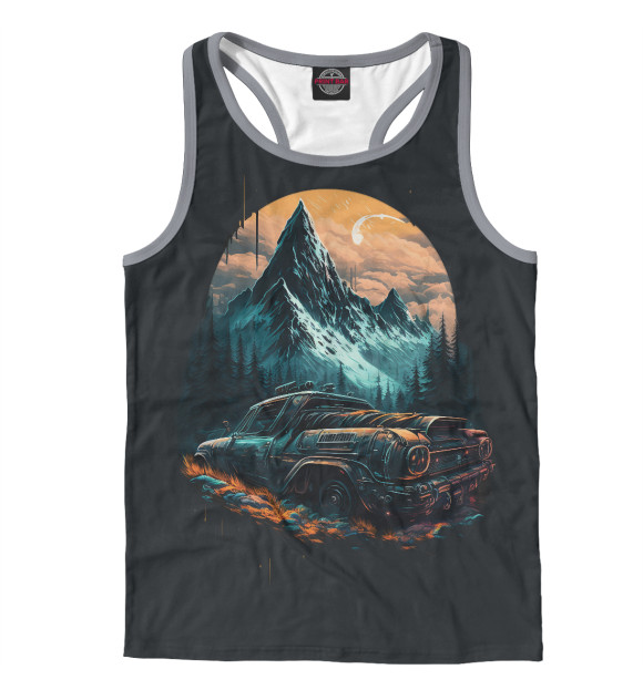 Мужская майка-борцовка с изображением ретро авто и горы цвета Белый