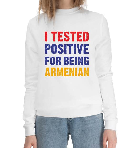 Женский хлопковый свитшот с изображением Positive Armenian цвета Белый