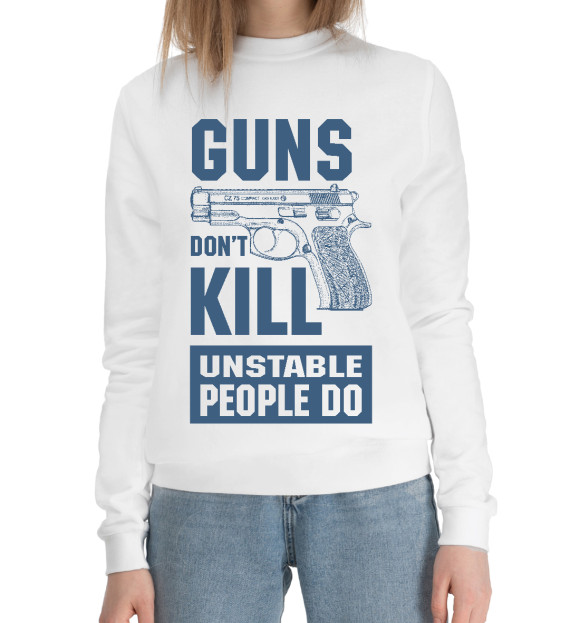 Женский хлопковый свитшот с изображением Оружие не убивает цвета Белый