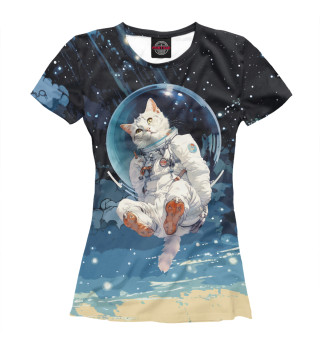 Женская футболка Белый кот космонавт в невесомости
