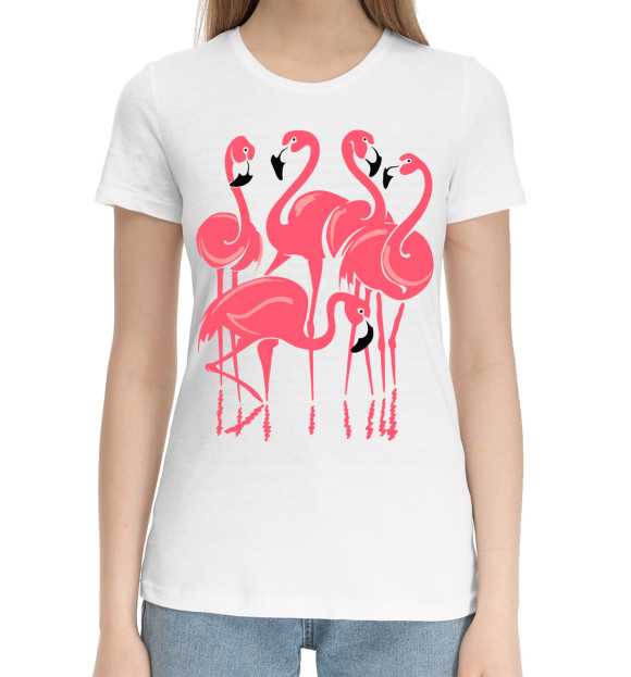 Женская хлопковая футболка с изображением Фламинго цвета Белый