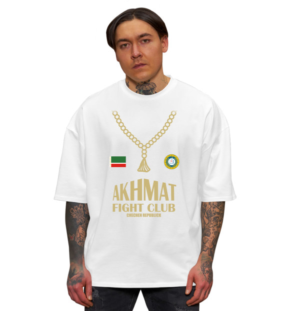Мужская футболка оверсайз с притом Akhmat Fight Club цвета Белый Мужская футболка оверсайз с изображением Akhmat Fight Club цвета Белый