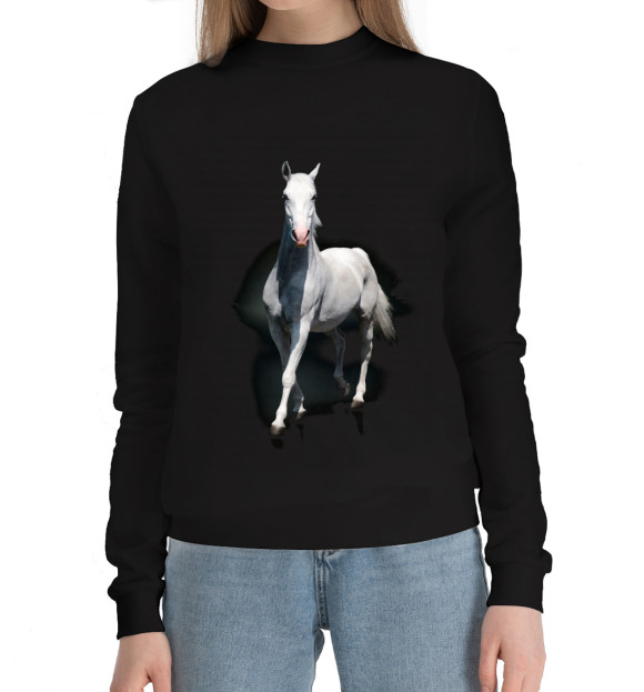 Женский хлопковый свитшот с изображением Лошади цвета Черный