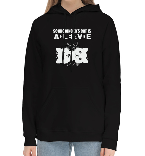 Женский хлопковый худи с притом Кот Шредингера цвета Черный Женский хлопковый худи с изображением Кот Шредингера цвета Черный