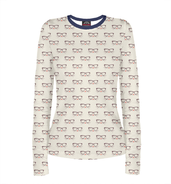 Женский лонгслив с притом Хипстер-кот цвета Белый Женский лонгслив с изображением Хипстер-кот цвета Белый