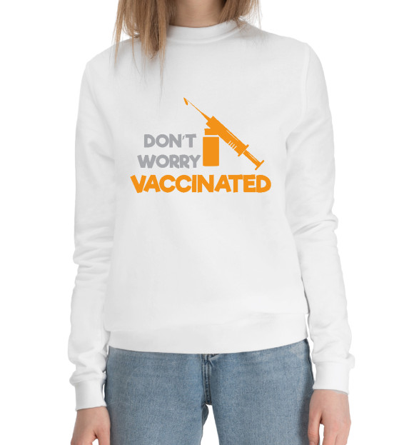Женский хлопковый свитшот с изображением Vaccinated цвета Белый