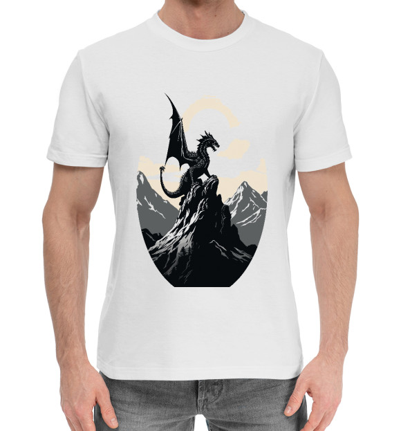 Мужская хлопковая футболка с изображением Дракон на горе цвета Белый