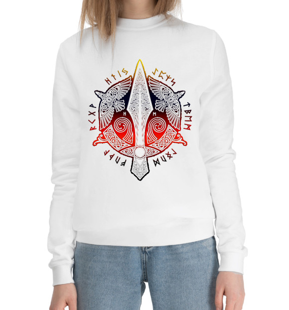 Женский хлопковый свитшот с изображением Вороны Одина цвета Белый