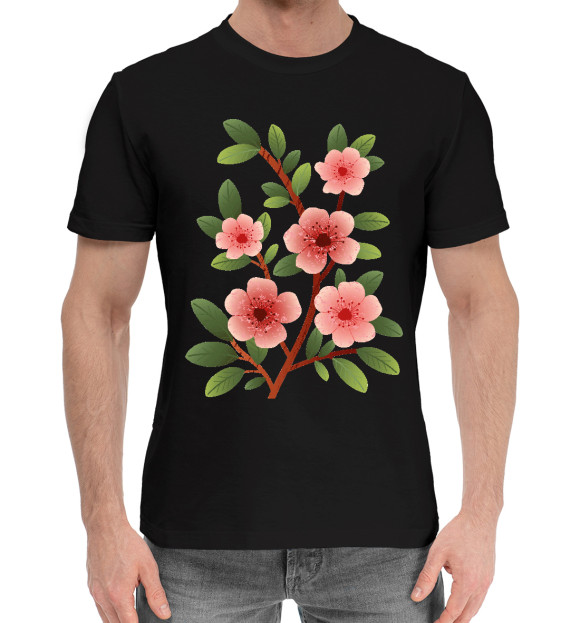 Мужская хлопковая футболка с изображением Цветущая ветка с листьями цвета Черный