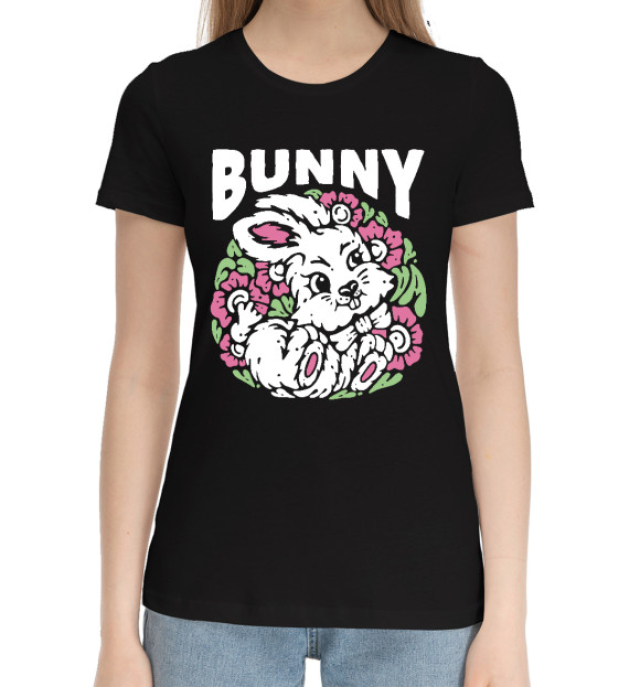 Женская хлопковая футболка с изображением Зайчишка цвета Черный