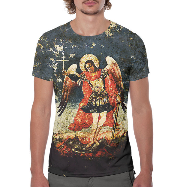Мужская футболка с изображением Архангел Михаил с крестом цвета Белый