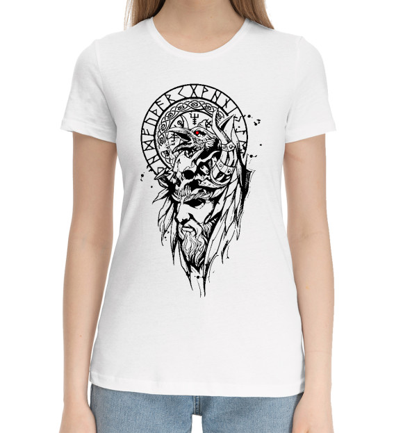 Женская хлопковая футболка с изображением Один и его ворон цвета Белый