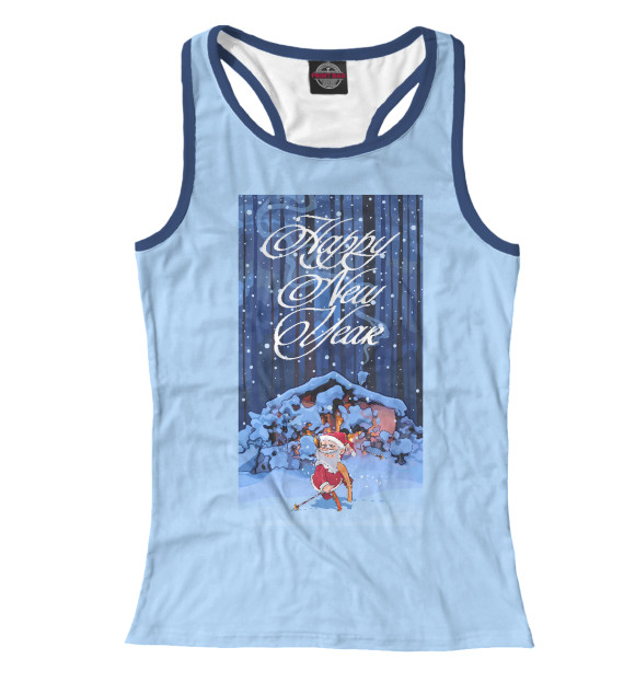 Женская майка-борцовка с изображением Санта Клаус на лыжах в лесу цвета Белый