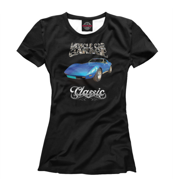 Женская футболка с изображением Синий масл-кар Corvette на черном цвета Белый