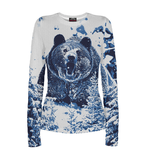 Женский лонгслив с изображением Свитер с медведем в зимнем лесу цвета Белый