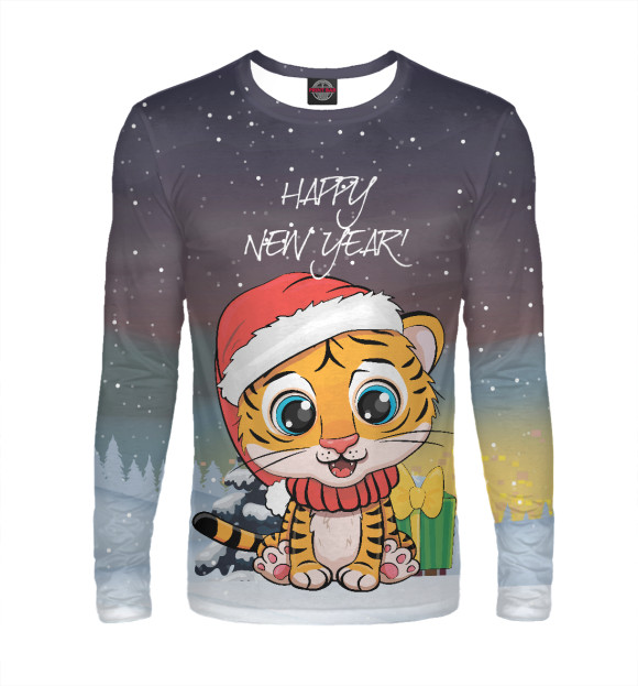 Мужской лонгслив с изображением Happy New Year! Тигренок цвета Белый