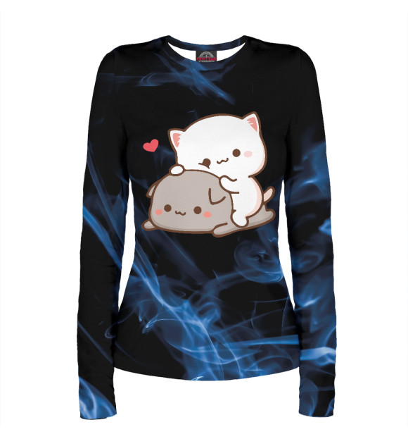 Женский лонгслив с притом Peach sitting on Goma Cat цвета Белый Женский лонгслив с изображением Peach sitting on Goma Cat цвета Белый