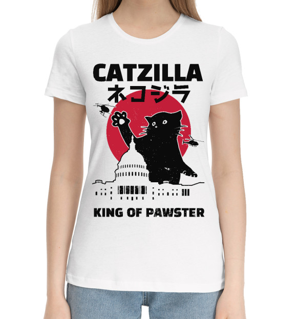 Женская хлопковая футболка с изображением Котзилла цвета Белый