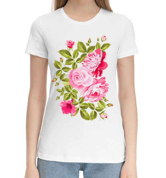 Женская хлопковая футболка с изображением Розы и пионы цвета Белый