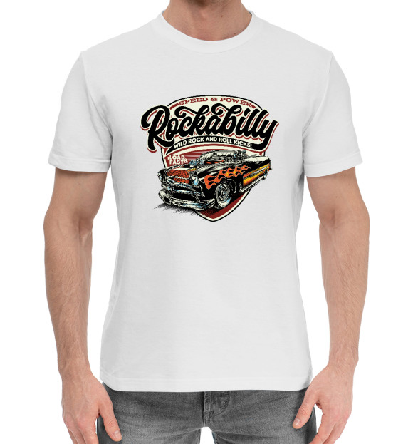 Мужская хлопковая футболка с изображением Rockabilly Car цвета Белый