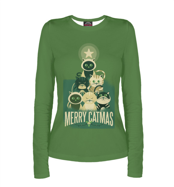 Женский лонгслив с изображением Merry Catmas цвета Белый
