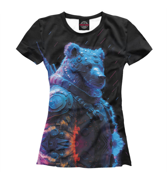 Женская футболка с изображением Неоновый медведь воин цвета Белый