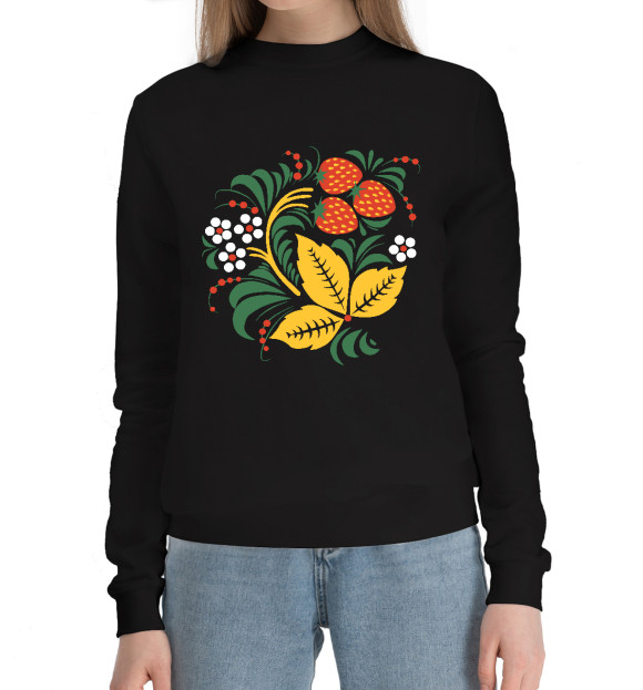 Женский хлопковый свитшот с изображением Хохлома роспись Клубника цвета Черный