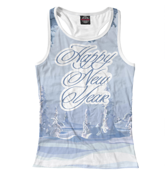Женская майка-борцовка с изображением HAPPY NEW YEAR в лесу цвета Белый
