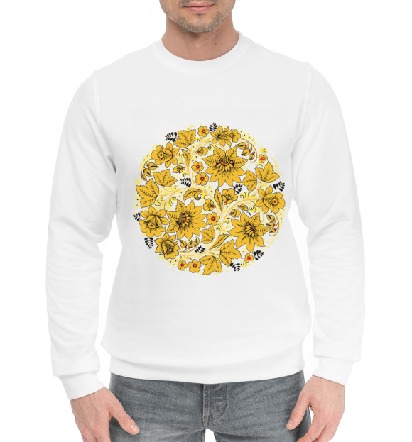 Мужской хлопковый свитшот с изображением Хохлома цвета Белый