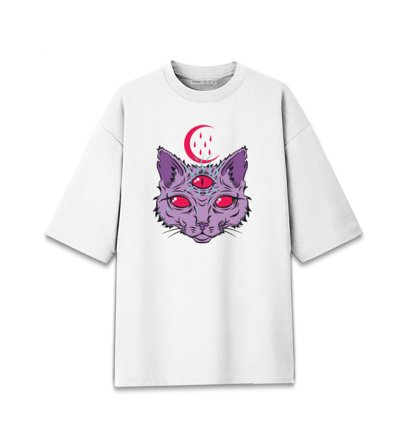 Мужская футболка оверсайз с притом Devil Cat цвета Белый Мужская футболка оверсайз с изображением Devil Cat цвета Белый