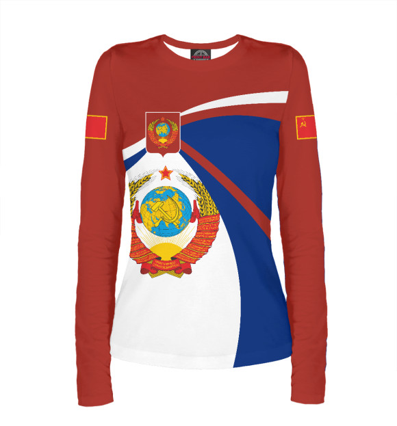 Женский лонгслив с изображением СССР на фоне флага РФ цвета Белый