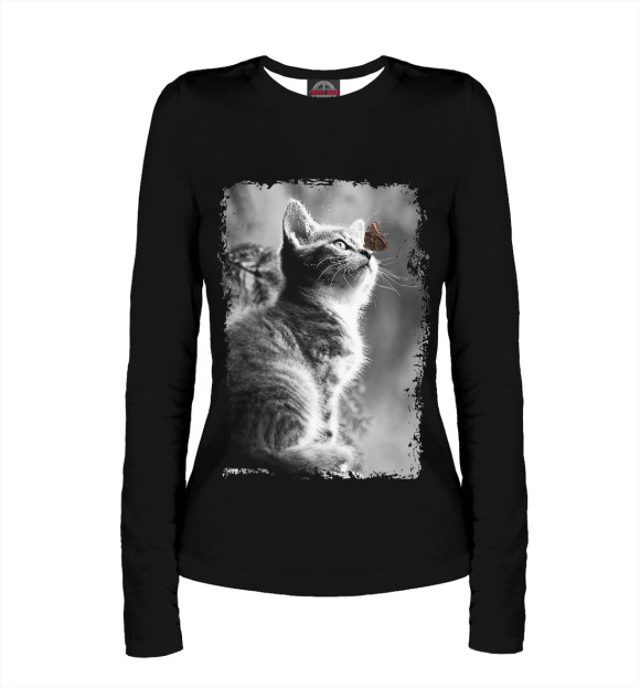 Женский лонгслив с изображением Котенок и бабочка цвета Белый