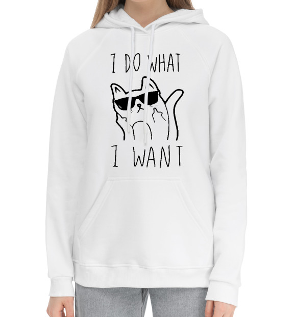 Женский хлопковый худи с притом Делаю что хочу цвета Белый Женский хлопковый худи с изображением Делаю что хочу цвета Белый