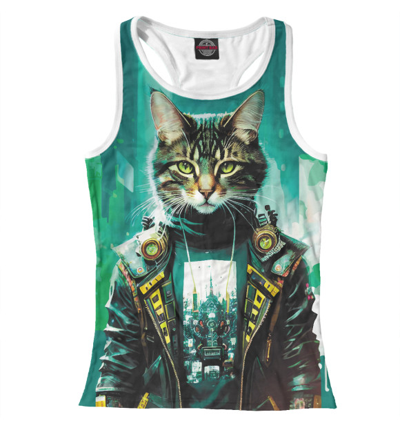 Женская майка-борцовка с изображением Крутой котяра на фоне высоток цвета Белый